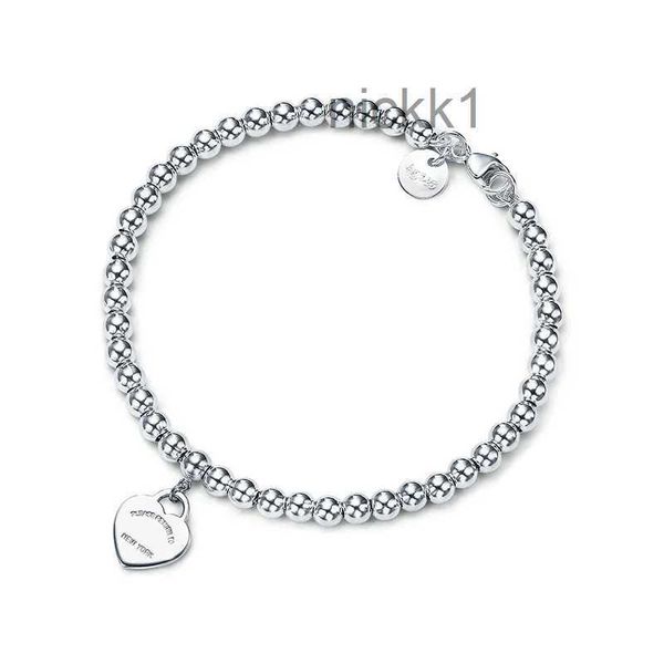 100% Tiff 925 Prata 4mm Conta Redonda Amor Pulseira em Forma de Coração Feminino Revestimento Inferior Espessado para Namorada Lembrança Presente Moda Charme Joias RZ0C