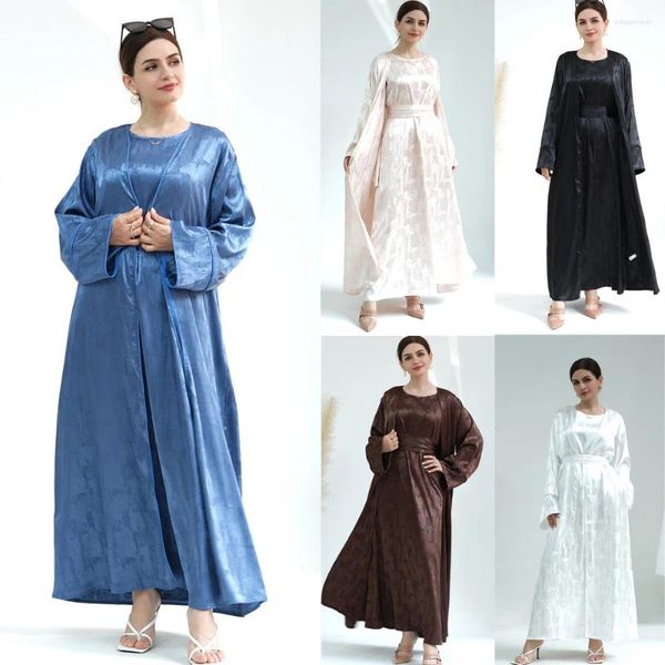 Roupas étnicas Eid Cetim Aberto Abaya Dubai Turquia Mangas Compridas Abayas para Mulheres Moda Muçulmana Hijab Vestido Islam Kaftan Kimono Femme