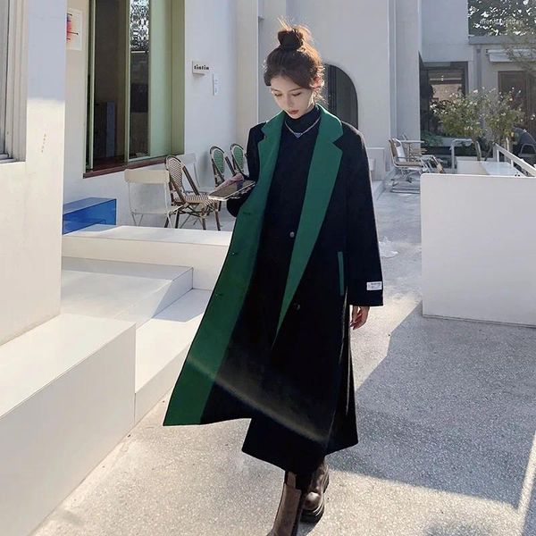 Женские куртки SuperAen 2023, корейский стиль, контрастное черное шерстяное пальто, зимнее твидовое длинное шерстяное пальто