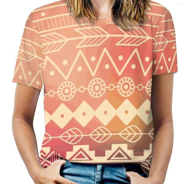 T-shirt da donna Modello azteco 01 T-shirt da donna Girocollo Magliette casual a maniche corte T-shirt estive Carta da parati Triangolo tribale nativo Ornamento