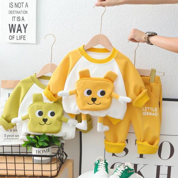 Kleidungssets 2023 Herbst schöne Cartoon -Taschen -Design Baby Langarm Baumwolle T -Shirt Hosen Outfit Set Kids Boys Kleidung