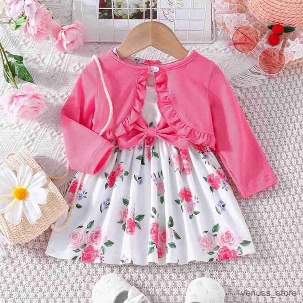 Vestidos femininos recém -nascidos roupas de meninas de garotas cairam sólido casaco de manga longa estampa floral vestido bowknot vestido de roupas de criança 2pcs ternos infantis