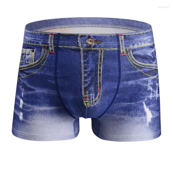 Cuecas masculinas 3d denim impresso boxers briefs sexy meados de cintura respirável jeans roupa interior masculino calcinha de algodão troncos shorts