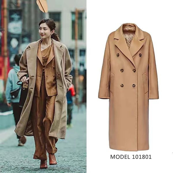 Max hohe Qualität 101801 Kaschmirschicht Frauen mit mittlerer Länge Klassiker Camel Herbst/Winter High End Luxus Wollmantel 231221