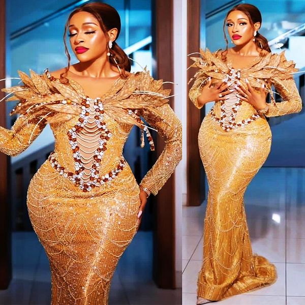 2024 ASO EBI Gold Mermaned Adust da ballo Cristalli sexy Sexy Evening Formale Secondo ricevimento di compleanno abiti da fidanzamento di compleanno Abiti abiti DE DE HOIRE ZJ380