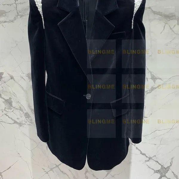 Abiti da donna Ufficio femminile velluto blazer nero cappotto moda inverno singolo bottone bavero giacca con perline abiti eleganti di fascia alta