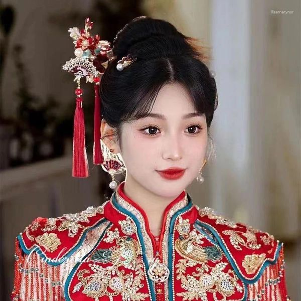Saç klipleri Çin gelin aksesuarları el yapımı kırmızı kadife çiçek püsküller çubuklar taraklar düğün gelin başlıkları saç tokası