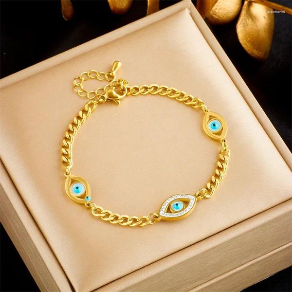 Link Armbänder 2023 Edelstahl Blaues Auge Mit Zirkon Charme Armband Für Frauen Mode Kette Gold Farbe Schmuck Geschenk Weibliche Hochzeit