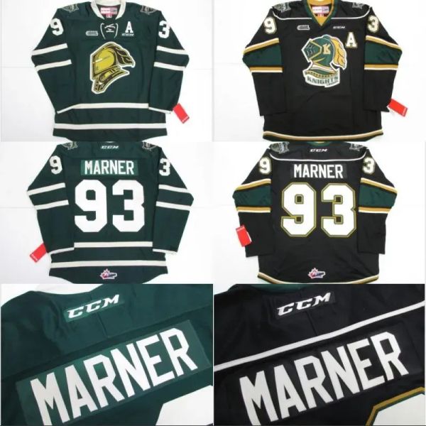 PERSONALIZZATO Maglia personalizzata 93 Mitch Marner OHL London Knights CCM Premer 7185 Mitch Marner 100% ricamo cucito Loghi Maglia da hockey Verde Nero