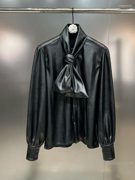 Женские блузки 2023, зимняя черная кожаная рубашка, женская шейная повязка с бантом, украшение с длинным рукавом, темпераментные женские рубашки и топы из искусственной кожи