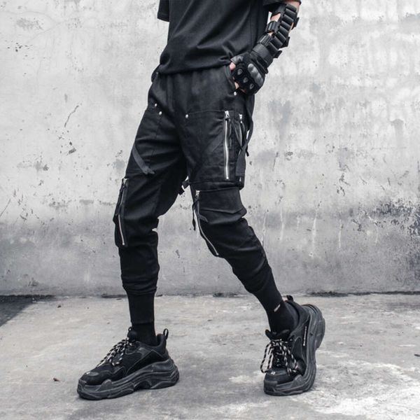 Homem calças de carga funcional táticas Joggers Zipper Multi-Pocket Troushers 2023 Spring Hip Hop Streetwear Harem Pant preto