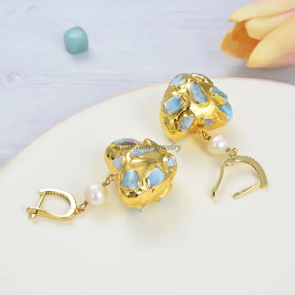Brincos pendurados natural azul larimar branco pérola banhado a ouro em forma de coração alavanca traseira na moda para mulheres