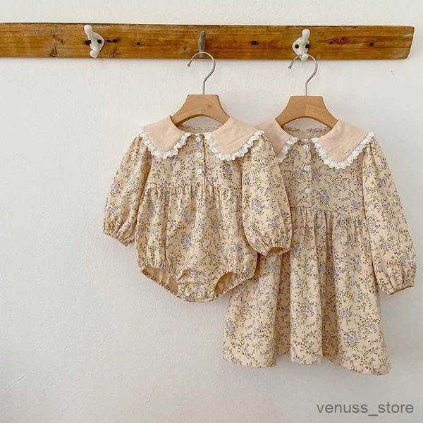 Mädchen Kleider Herbst Neue Stil Frühling Schwester Kleidung Puppe Kragen Floral Lange Ärmel Rüschen Kinder Mädchen Kleider Prinzessin Baby bodys