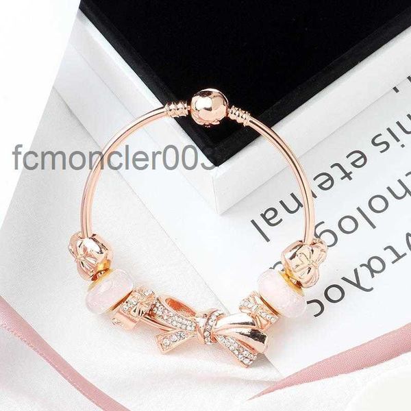 Mode Original Pandoras 925 Silber Rose Gold Glas Brilliant Bow Armbänder Armreifen Set DIY Schmuck Charm Perlen Urlaub Geschenk Bang247m 453T