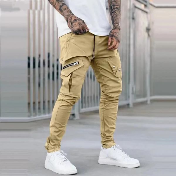 Calça cargo masculina com bolso lateral, zíper, preto, cinza, cáqui, hip hop, casual, para corrida, moda streetwear, 231220