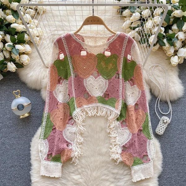 Frauenpullover Boho Retro Pullovers Frauen O-Neck Laternenhülle Frau Häkelhäut Quasten Patchwork Ladies Elegant Jumper Top Drop