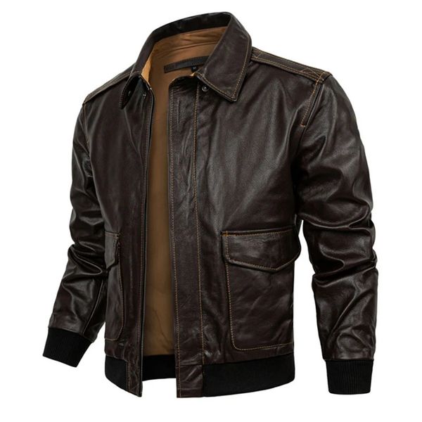Jaqueta de couro genuíno marrom escuro masculino piloto militar jaquetas de couro da força aérea vôo clássico g1 100% casaco de pele de bezerro 231221