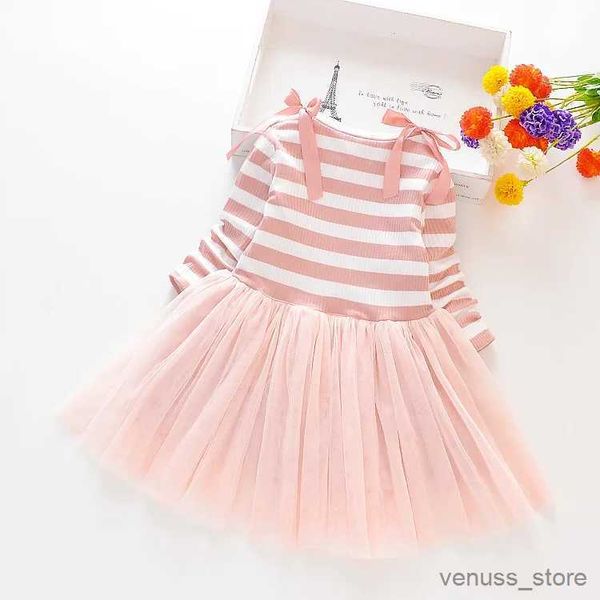 Vestidos de meninas Baby Stripe de manga comprida Mesh Dress 2023 Autumn New Girls Girls Sweet Pattern Padrão Vestido de Bead Kids Girls Girls