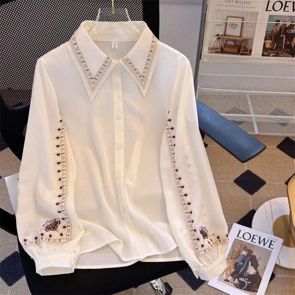 Damenblusen LKSK besticktes, vielseitiges, hochwertiges, elegantes Hemd-Arbeitskleid, weißes Blumenumhang-Chiffon-Oberteil