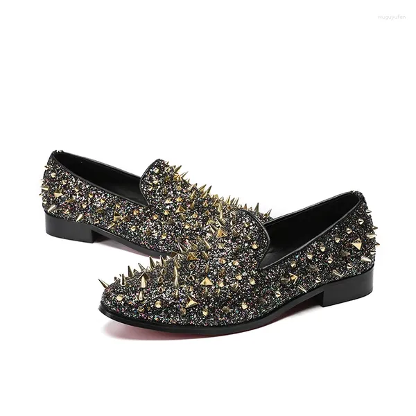 Sapatos de vestido Lantejoulas e Long Glittery Rebite Decorado Homens Baixo Salto Casual Moda Slip-on Mocassins Spike