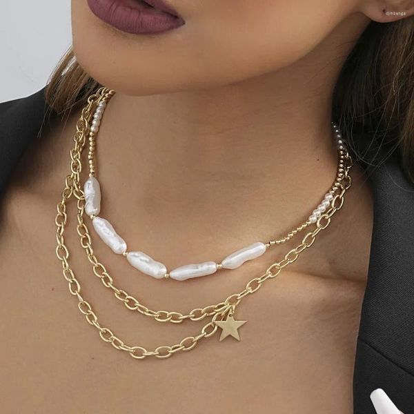 Collane con ciondolo Collana con stella di perle imitazione irregolare multistrato di moda per gioielli da donna con catena a clavicola