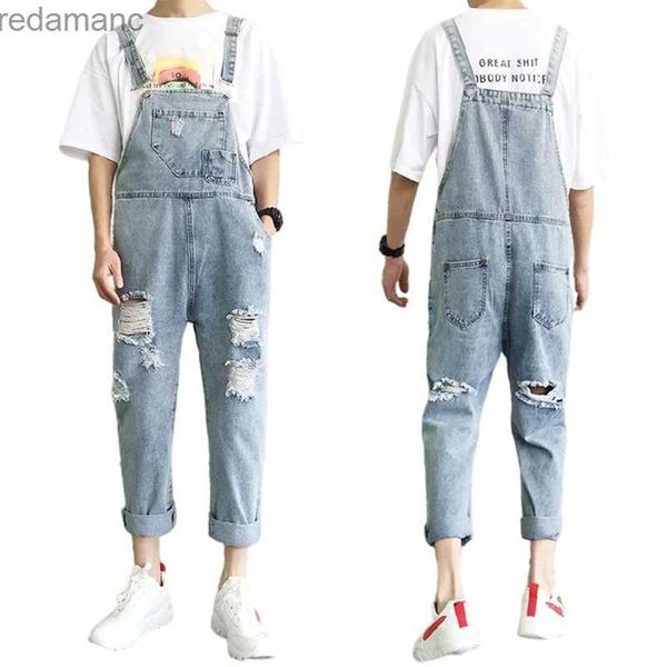 Jeans masculinos Suspenders masculinos Mumpsuit Summer Moda de jeans soltos Macles Man Hole Straigh