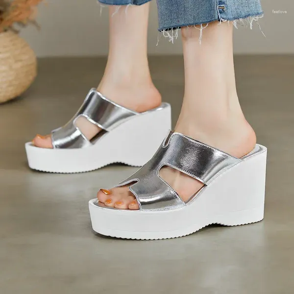 Sandalen 2023 Sommer Frauen Kuh Leder Plattform Keile High Heels Slip Auf Mode Weibliche Schuhe Silber Weiß
