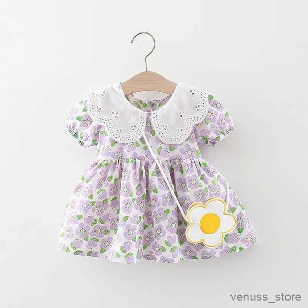 Mädchenkleider 2pcs/Set Baby Girls Spitze Reach Pfirsich Blossom Chiffon Kleid 2023 Sommer Neue Mädchen Version kleiner Kleid Blume +Tasche