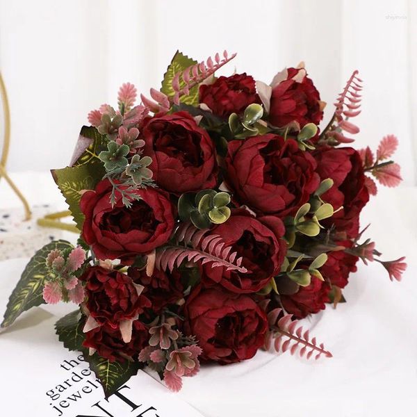 Fiori decorativi 9 teste di rose finte arco nuziale fiore di seta decorazione della casa tavolo da soggiorno artificiale