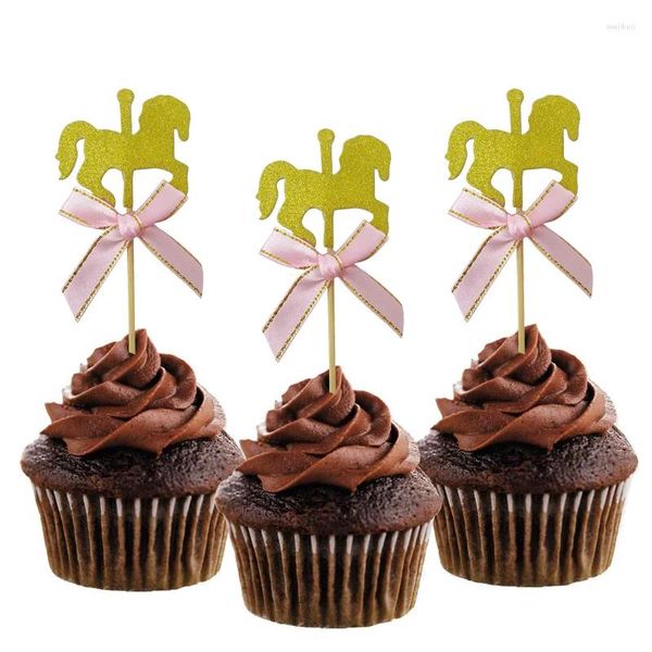 Articoli per feste 5 pezzi glitter dorati carosello cavallo toppers cupcake decorazioni per torte con fiocco per baby shower bomboniere per il primo compleanno