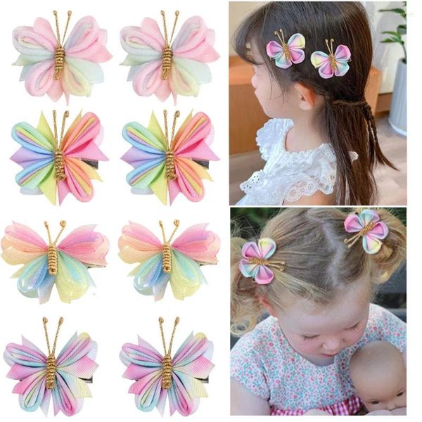 Accessori per capelli 2 pezzi/set clip a farfalla sfumatura floccata forcina con copricapo dorato neonata bambini colore arcobaleno