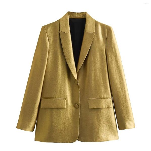 Damenanzüge Damenmode Gold Straight-Cut Blazer Mantel Vintage Langarm Einreiher All-Match Casual Female Oberbekleidung Chic