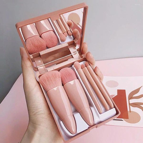 Make -up -Bürsten 5pcs tragbare Bürste mit Boxspiegel Set Pink Super Softfaser hochwertiger Gesichtsaugenfundament Lidschattenpulverbürste