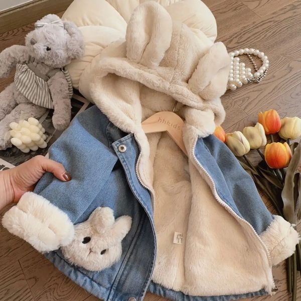 Autunno inverno addensare bambine calde bambina giacca in jeans carine orecchie da coniglio peluche cappotti con cappuccio per bambini abbigliamento da abbigliamento da esterno 2 8y 231221