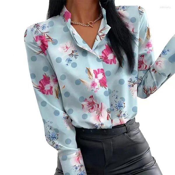 Blouses femininas Camisa casual coreana de verão, impressão solta de colar de pólo de mangas compridas de mangas compridas cardigã