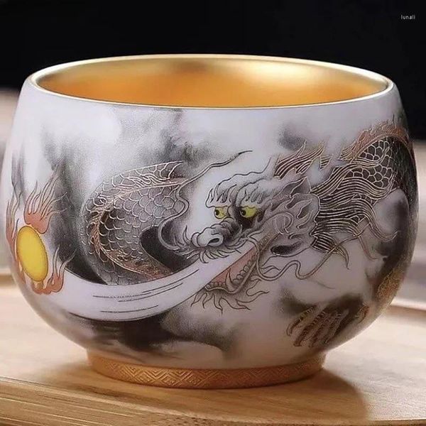 Copos pires dourado auspicioso dragão cuspir contas único copo estilo chinês ovelha gordura jade chá luxo e retro presentes de negócios