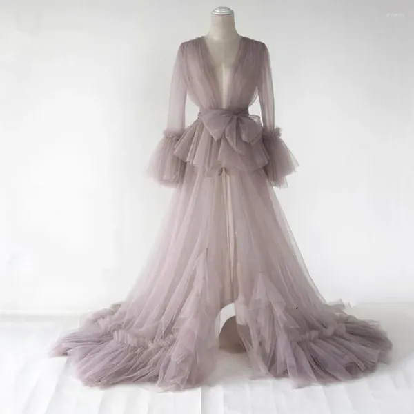 Parti Elbiseleri Mütevazı Mauve Uzun Tül Cobe Hamile Kadınlar için Ruffles Tam Kollu Prom Gowns Kimono Doğum Pelerin