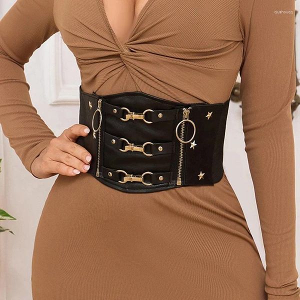 Gürtel Schwarz Leder Frontreißverschluss Gothic Kummerbund Elastischer Bund Steampunk Breiter Taillengürtel Für Frauen Kleid Mode Schlankheitsgürtel