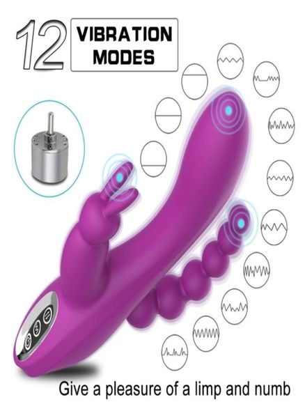 12 funzioni vibratore di coniglio Gspot e Pspot anale tripla curva vibratore ricaricabile per donne stimolatore del clitoride 2203256678296