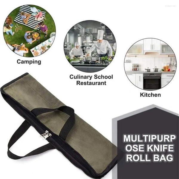 Saco de armazenamento de cozinha premium com zíper, saco compacto de lona encerada, rolo de chef com bolso, faca durável de 4 espaços para chefs de viagem