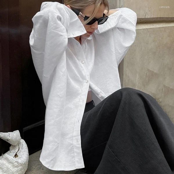 Frauenblusen bürgerlady lose Langarm Kleidung Baumwolle Wäsche Hemd Frauen drehen Kragen Tops elegante Mode weiße Bluse Blusas ab