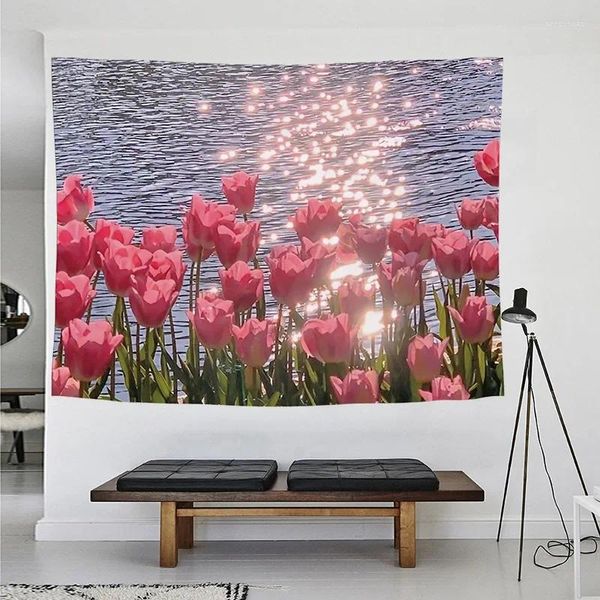 Arazzi Fiori freschi Tulipano rosa Arazzo Appeso a parete Ragazza Cuore Sfondo Panno Ins Art Dormitorio Decorazioni per la casa Telo mare da picnic