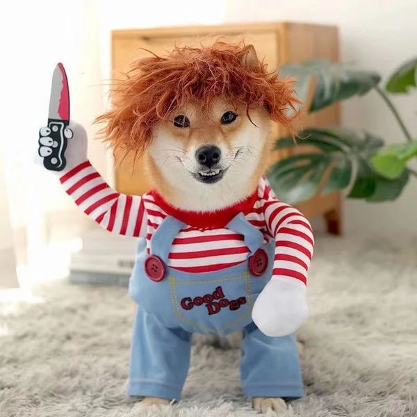 Cadılar Bayramı Köpek Giysileri Kişiselleştirilmiş Komik Cosplay Costume Party Spooky Pet Giyim Teddy Ölümcül Bebek Bıçağı Dagger Hoodies 231220