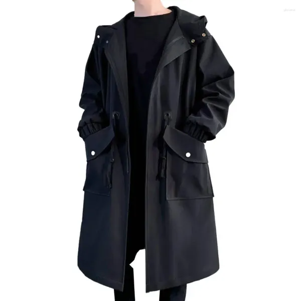 Herren Trench Coats Männer mit mittlerer Jacke Streetwear mit Kapuze große Taschen winddichtes Design mit mittlerer Länge fest für