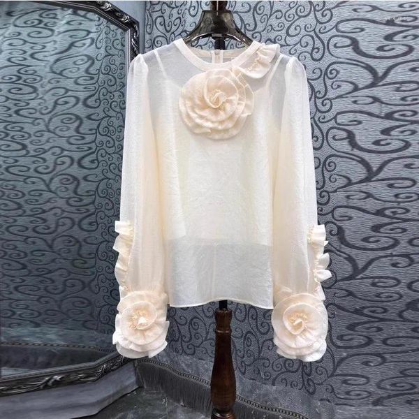 Damenblusen Top-Qualität Modedesignerbluse 2024 Frühling Sommer Stil Damen Applikationen Blumen Deko Langarm Beige Tops Weiblich