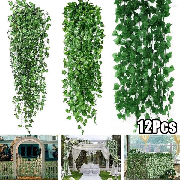 Grinaldas flores decorativas 12 pcs planta artificial folhas falsas hera videiras decoração folhagem para parede jardim trepadeira plantas de casa guia de casamento