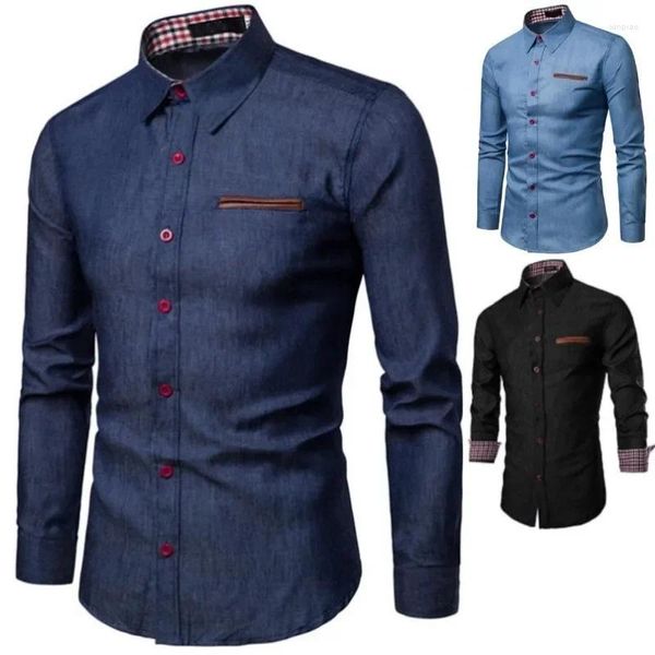 Camisas casuais masculinas 2023 primavera e outono camisa bolso colarinho algodão fino ajuste manga longa denim