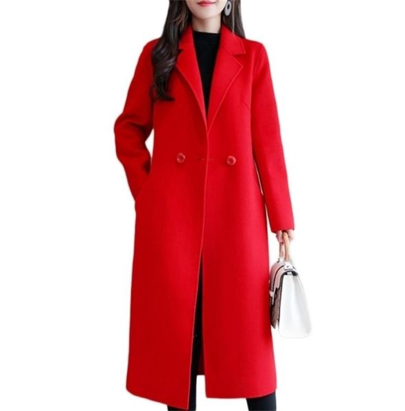 Bolsões de bolsos de lã de lã de outono Botão BOTOL SOLID VNECK LONCE LONG RED MULHERES COATS NEGROS LADIES COATS CAPA COAT LJ2011286601981