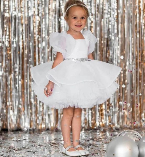 Vestidos de menina branco inchado vestido de bebê primeiro aniversário princesa flor mangas curtas comunhão