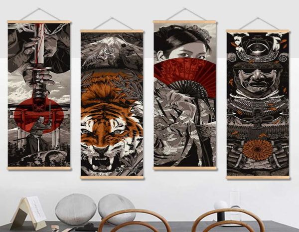 Japão Samurai ukiyoe Poster e estampas de rolagem de pintura de lona imagens de arte de parede da sala de estar decoração de decoração de decoração de rolagem 210708543950